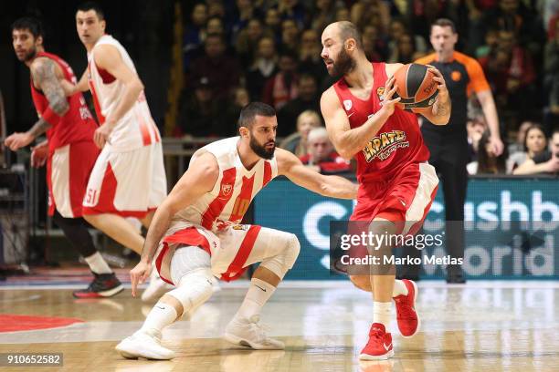 Vassilis Spanoulis, #7 of Olympiacos Piraeus competes with Branko Lazic, #10 of Crvena Zvezda mts Belgrade during the 2017/2018 Turkish Airlines...