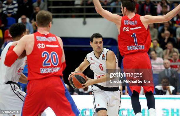 Nikos Zisis, #6 of Brose Bamberg competes with Nando de Colo, #1 of CSKA Moscow in action during the 2017/2018 Turkish Airlines EuroLeague Regular...