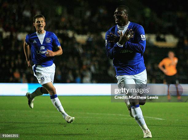 Yakubu of Everton celebrates his goal during the Carling Cup Third Round match between Sunderland and Birmingham City at Stadium of Light on...