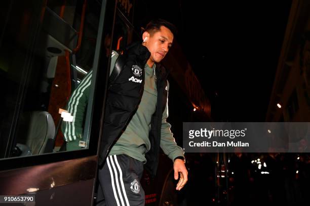 Alexis Sanchez of of Manchester United arrives for The Emirates FA Cup Fourth Round match between Yeovil Town and Manchester United at Huish Park on...