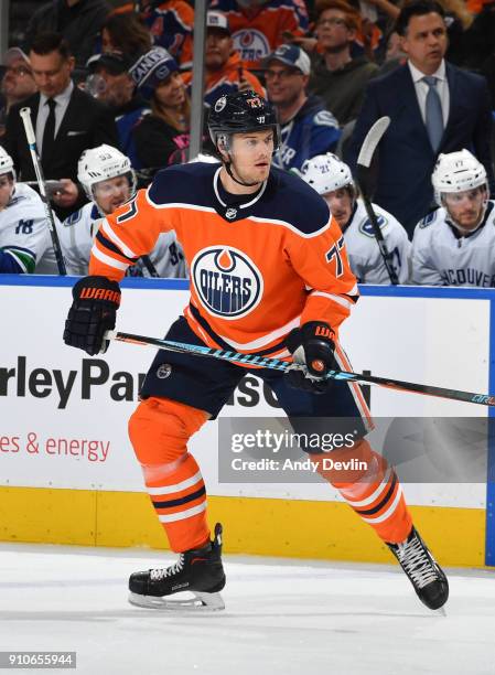 Oscar Klefbom of the Edmonton Oilers skates during the game against the Vancouver Canucks on January 20, 2017 at Rogers Place in Edmonton, Alberta,...