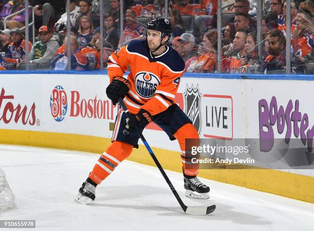 Kris Russell of the Edmonton Oilers skates during the game against the Vancouver Canucks on January 20, 2017 at Rogers Place in Edmonton, Alberta,...