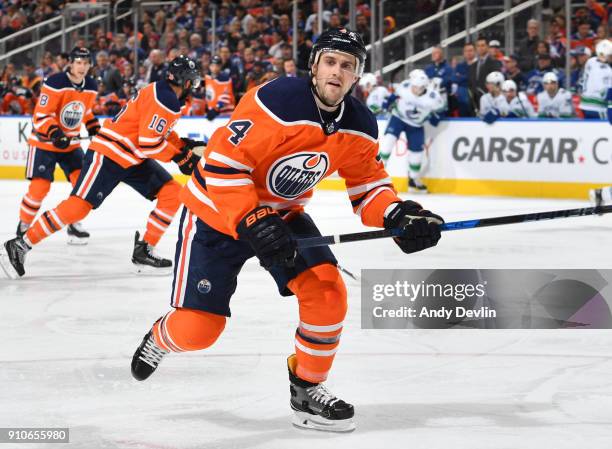 Kris Russell of the Edmonton Oilers skates during the game against the Vancouver Canucks on January 20, 2017 at Rogers Place in Edmonton, Alberta,...