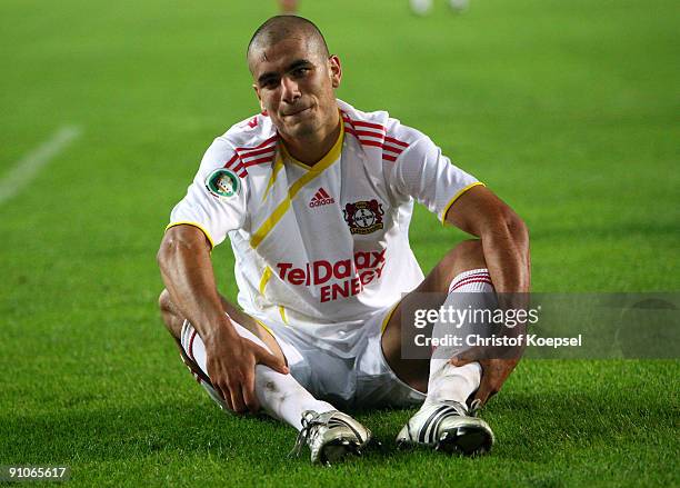 Eren Derdiyok of Leverkusen looks dejected during the DFB Cup second round match between 1. FC Kaiserslautern and Bayer Leverkusen at...