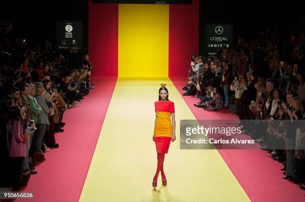 Model walks the runway at the Agatha Ruiz De La Prada fashion show during the Mercedes Benz Fashion Week Autumn/Winter 2018 at Ifema on January 26,...