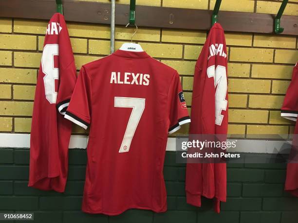 Alexis Sanchez of Manchester United's shirt hangs up in the dressing room ahead of the Emirates FA Cup Fourth Round match between Yeovil Town and...