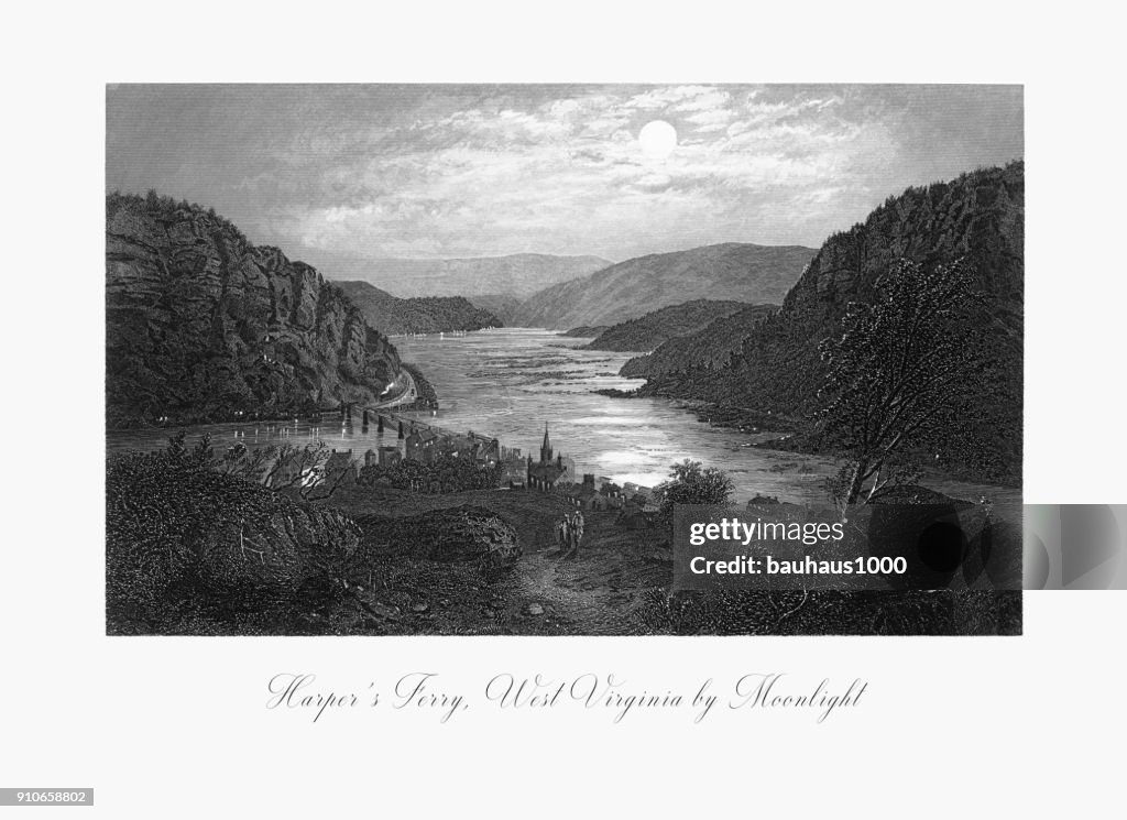 Maanlicht over Harper's Ferry, West Virginia, Maryland, Virginia, Verenigde Staten, Amerikaanse Victoriaanse gravure, 1872