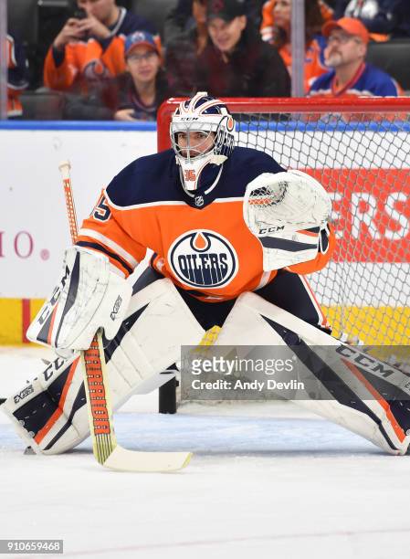 Al Montoya of the Edmonton Oilers warms up prior to the game against the Buffalo Sabres on January 23, 2017 at Rogers Place in Edmonton, Alberta,...