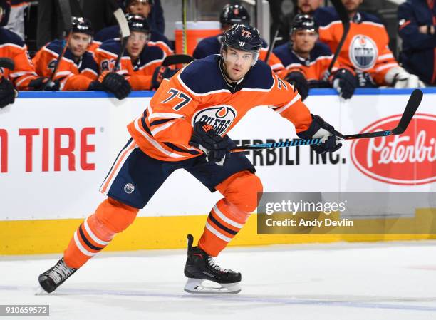 Oscar Klefbom of the Edmonton Oilers skates during the game against the Buffalo Sabres on January 23, 2017 at Rogers Place in Edmonton, Alberta,...
