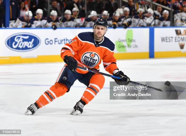 Kris Russell of the Edmonton Oilers skates during the game against the Buffalo Sabres on January 23, 2017 at Rogers Place in Edmonton, Alberta,...