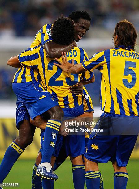 McDonald Mariga , Nicola Amoruso and Christian Zaccardo of Parma FC celebrate the second goal during the Serie A match between SS Lazio and Parma FC...