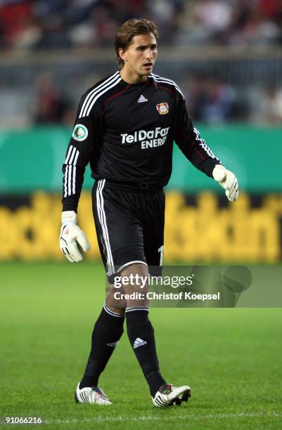 Goalkeeper Rene Adler of Leverkusen looks thoughtful during the DFB Cup second round match between 1. FC Kaiserslautern and Bayer Leverkusen at...