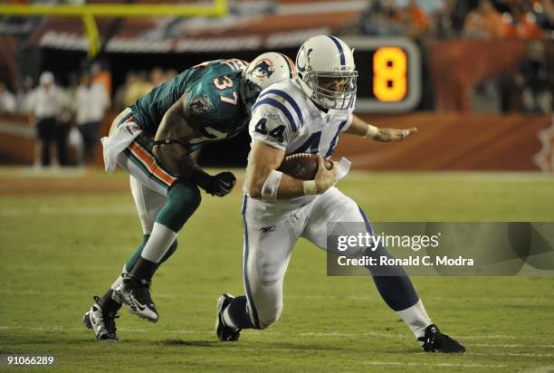 Tight end Dallas Clark of the Indianapolis Colts carries the ball as Yeremiah Bell of the Miami Dolphins tries to stop him at Land Shark Stadium on...