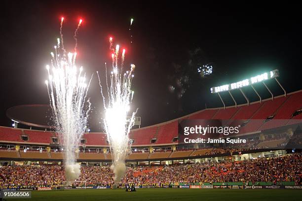 Fireworks light up the playing prior to the Mexican First Division "Clásico Nacional" match between Chivas de Guadalajara and Club América at...
