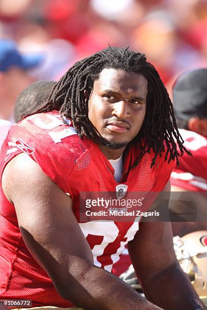 Ray McDonald of the San Francisco 49ers looks on from the bench during the NFL game against the Seattle Seahawks at Candlestick Park on September 20,...
