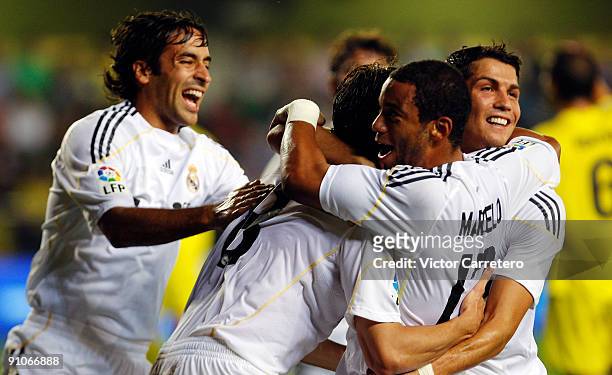 Kaka of Real Madrid celebrates his goal with his teammates Marcelo , Cristiano Ronaldo and Raul Gonzalez during the La Liga match between Villarreal...