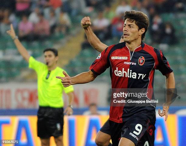 Miguel Nene of Cagliari Calcio celebrates the opening goal during the Serie A match between Bari and Cagliari at Stadio San Nicola on September 23,...