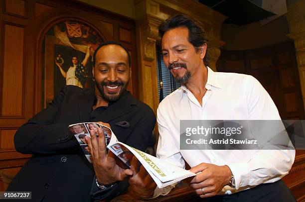 Actors Jesse L. Martin and Benjamin Bratt attend the "Law & Order" 20th Season kickoff celebration at the Law & Order Studio At Chelsea Piers on...