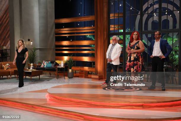 Episode 102 -- Pictured: Host Aracely Arámbula, Judge Ennio Carota, Judge Claudia Sandoval, Judge Benito Molina --