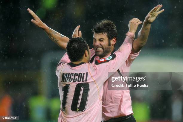 Antonio Nocerino is congratulated by Fabrizio Miccoli of Palermo after he scored the third goal during the Serie A match played between US Citta di...