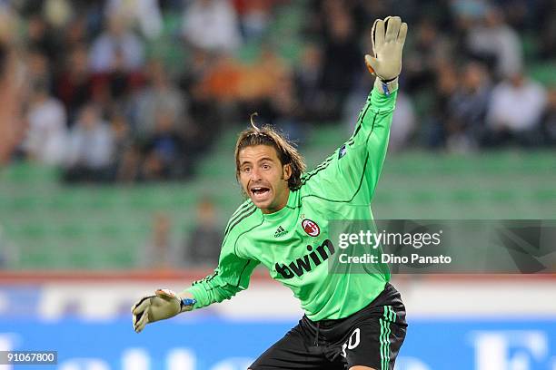 Marco Storari of AC Milan gestures during the serie A match between Udinese Calcio and AC Milan at Stadio Friuli on September 23, 2009 in Udine,...