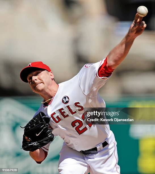 Pitcher Scott Kazmir of the Los Angeles Angels of Anaheim throws a pitch against the New York Yankees during the third inning of the baseball game at...