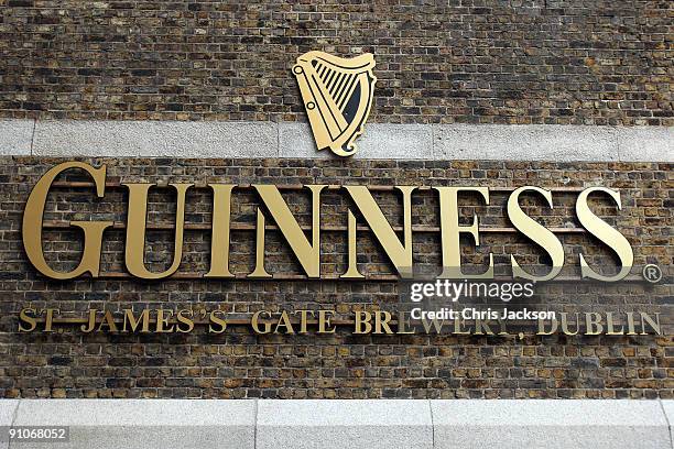 The Guinness Sign is pictured as Final Preparations For Arthur's Day during The Guinness 250th Anniversary at Guinness Storehouse on September 23,...