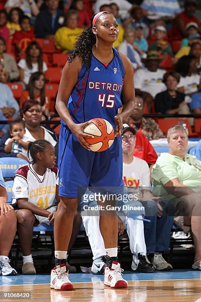 Kara Braxton of the Detroit Shock moves the ball to the basket during the WNBA game against the Chicago Sky on September 12, 2009 at the UIC Pavilion...
