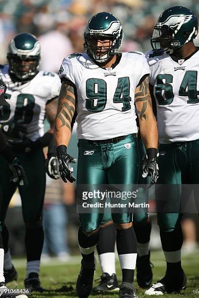 Defensive end Jason Babin of the Philadelphia Eagles breaks from the huddle during a game against the New Orleans Saints on September 20, 2009 at...