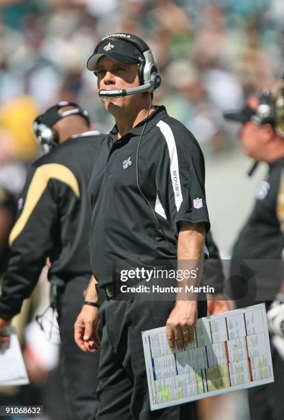 Head coach Sean Payton of the New Orleans Saints coaches from the sideline during a game against the Philadelphia Eagles on September 20, 2009 at...