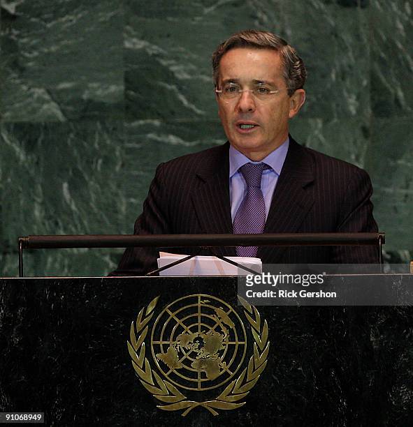 Colombian President Alvaro Uribe Velez addresses the United Nations General Assembly at the U.N. Headquarters on September 23, 2009 in New York City....