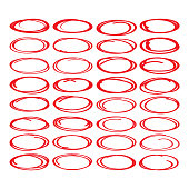 Large collection of red oval, highlight circle, red pen drawn marks, red circle shape set.