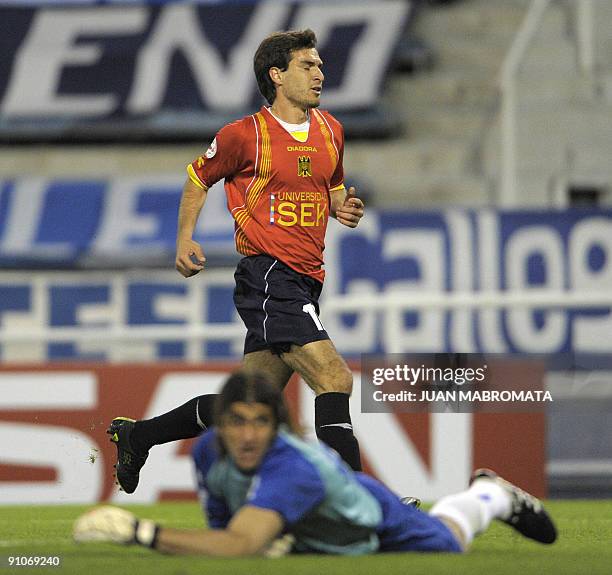 Chile's Union Espanola midfielder Arturo Ramirez celebrates after scoring a goal against Argentina's Velez Sarsfield during their Copa Sudamericana...