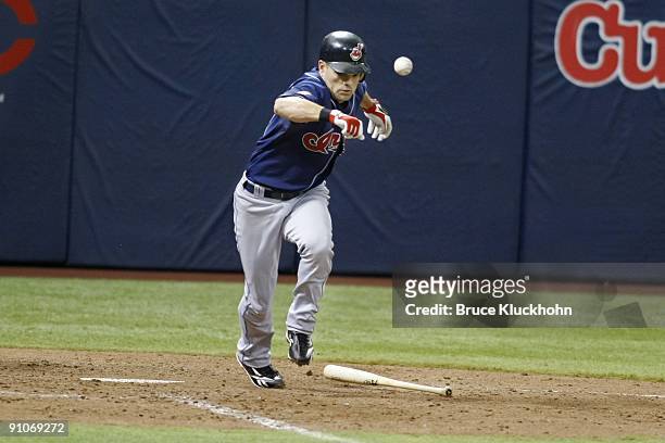 Jamey Carroll of the Cleveland Indians bunts the ball against the Minnesota Twins on September 16, 2009 at the Metrodome in Minneapolis, Minnesota....