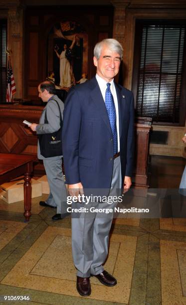 Actor Sam Waterston attends the ''Law & Order'' 20th Season kickoff celebration at the Law & Order Studio At Chelsea Piers on September 23, 2009 in...