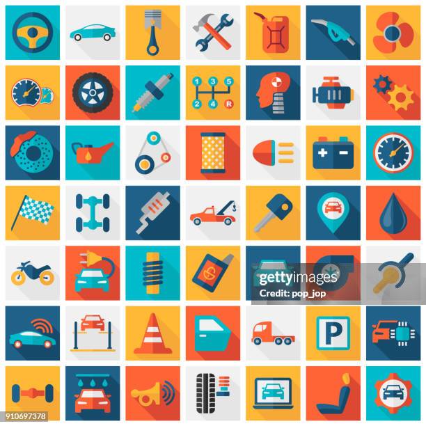 stockillustraties, clipart, cartoons en iconen met auto garage serviceonderdelen vervoer geïsoleerde icons - flat square kleur - flat tyre