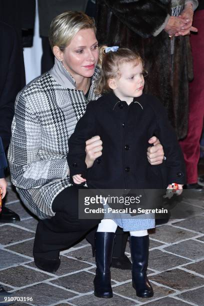 Princess Charlene of Monaco and Princess Gabriella of Monaco attend ceremony of the Sainte-Devote on January 26, 2018 in Monaco, Monaco.