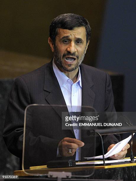 Iranian President Mahmoud Ahmadinejad addresses the UN General Assembly at the United Nations headquarters in New York on September 23, 2009. AFP...