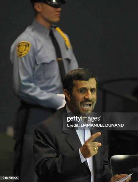 Iranian President Mahmoud Ahmadinejad addresses the UN General Assembly at the United Nations headquarters in New York on September 23, 2009. AFP...