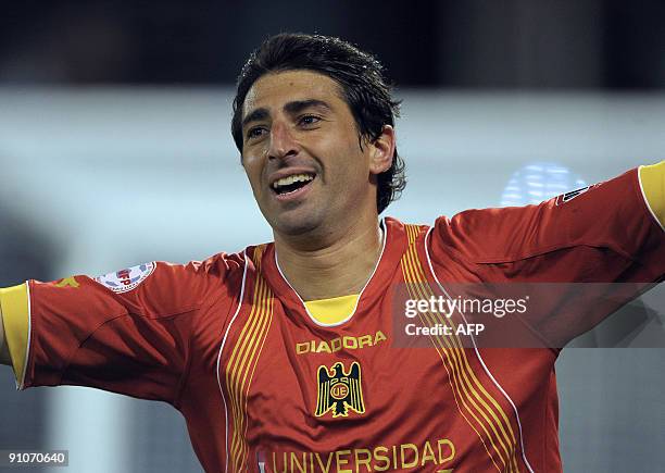 Chile's Union Espanola forward Raul Estevez celebrates after scoring against Argentina's Velez Sarsfield during a Copa Sudamericana football match,...