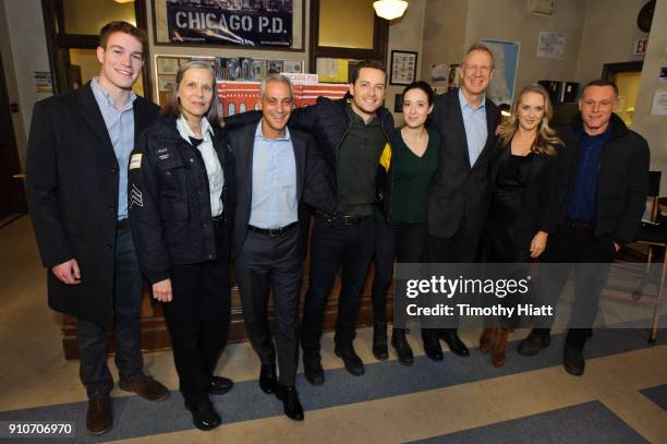 Matt Rauner, Amy Morton, Mayor Rahm Emanuel, Jesse Lee Soffer, Marina Squeciati, Illinois Governor Bruce Rauner, Tracy Spiridakos, and Jason Beghe...