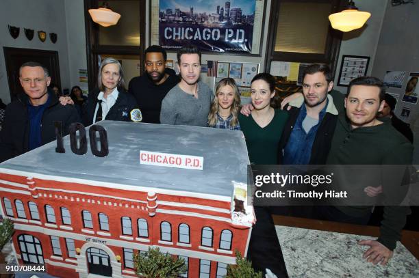 Jason Beghe, Amy Morton, LaRoyce Hawkins, Jon Seda, Tracy Spiridakos, Marina Squeciati, Patrick John Flueger, and Jesse Lee Soffer attend the 100th...