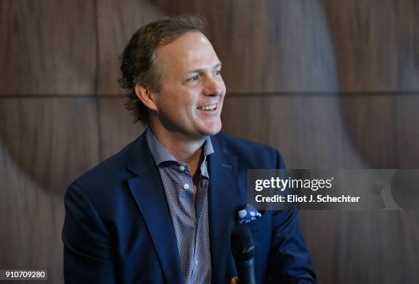 Tampa Bay Lightning head coach Jon Cooper speaks during NHL All-Star luncheon at the Tampa Aquarium on January 26, 2018 in Tampa, Florida.