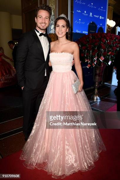 Sebastian Pannek and Clea-Lacy Luhn arrive for the Semper Opera Ball 2018 at Semperoper on January 26, 2018 in Dresden, Germany.
