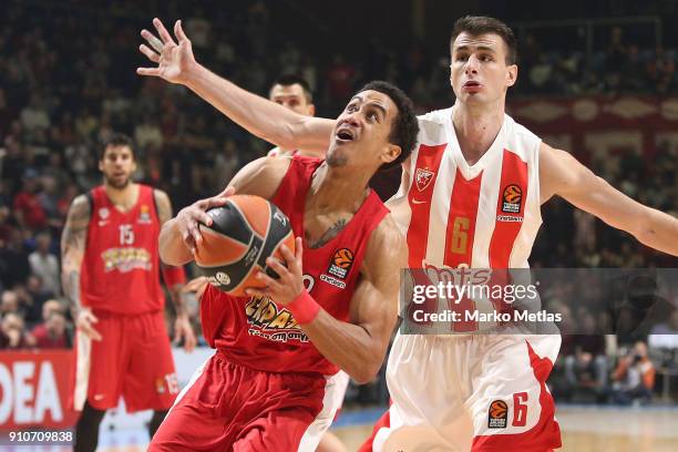 Brian Roberts, #22 of Olympiacos Piraeus competes with Nemanja Dangubic, #6 of Crvena Zvezda mts Belgrade during the 2017/2018 Turkish Airlines...