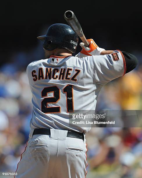 Freddy Sanchez of the San Francisco Giants at bat during the game against the Los Angeles Dodgers at Dodger Stadium on September 19, 2009 in Los...