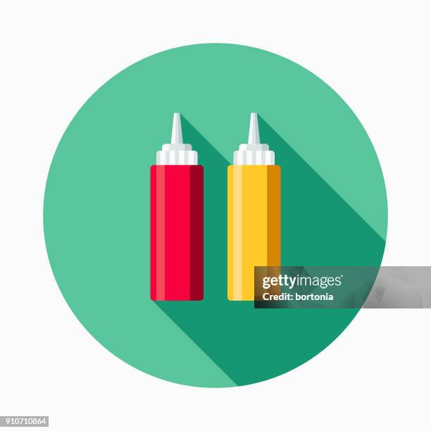 ketchup & mustard flat design bbq icon with side shadow - sauce bottle stock illustrations