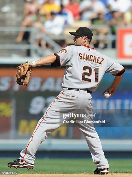 Freddy Sanchez of the San Francisco Giants throws the ball during the game against the Los Angeles Dodgers at Dodger Stadium on September 19, 2009 in...