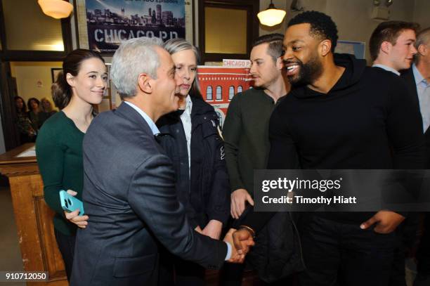 Mayor Rahm Emanuel, Marina Squerciati, Amy Morton, Jesse Lee Soffer, and LaRoyce Hawkins attend the 100th Episode Celebration of "Chicago P.D. On...