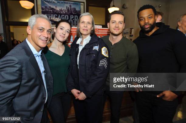 Mayor Rahm Emanuel, Marina Squerciati, Amy Morton, Jesse Lee Soffer, and LaRoyce Hawkins attend the 100th Episode Celebration of "Chicago P.D. On...